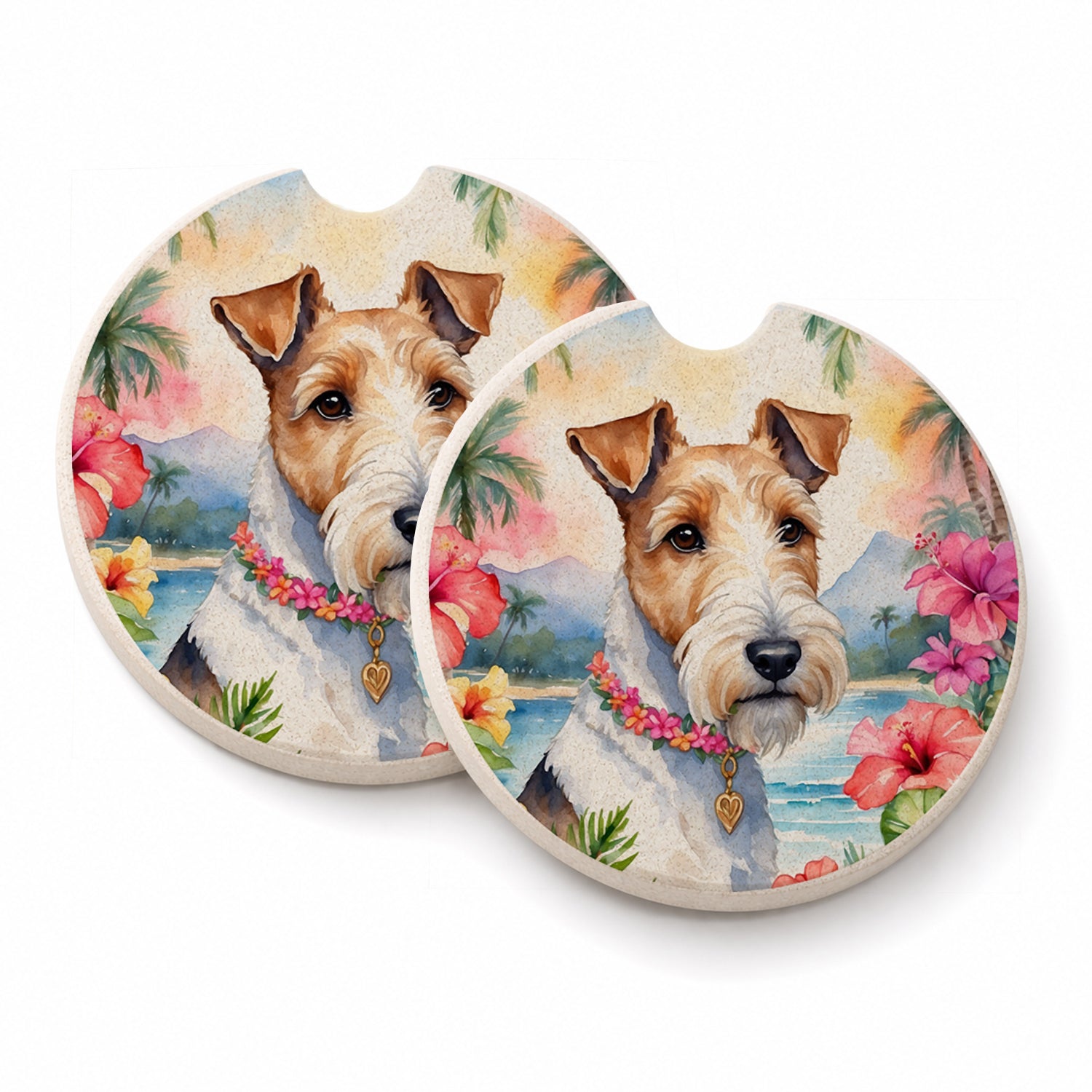 Fox Terrier Luau Set of 2 Cup Holder Car Coasters Absorbent Round Sandstone Coasters Gifts for Men or Women, 2.5, Multicolor