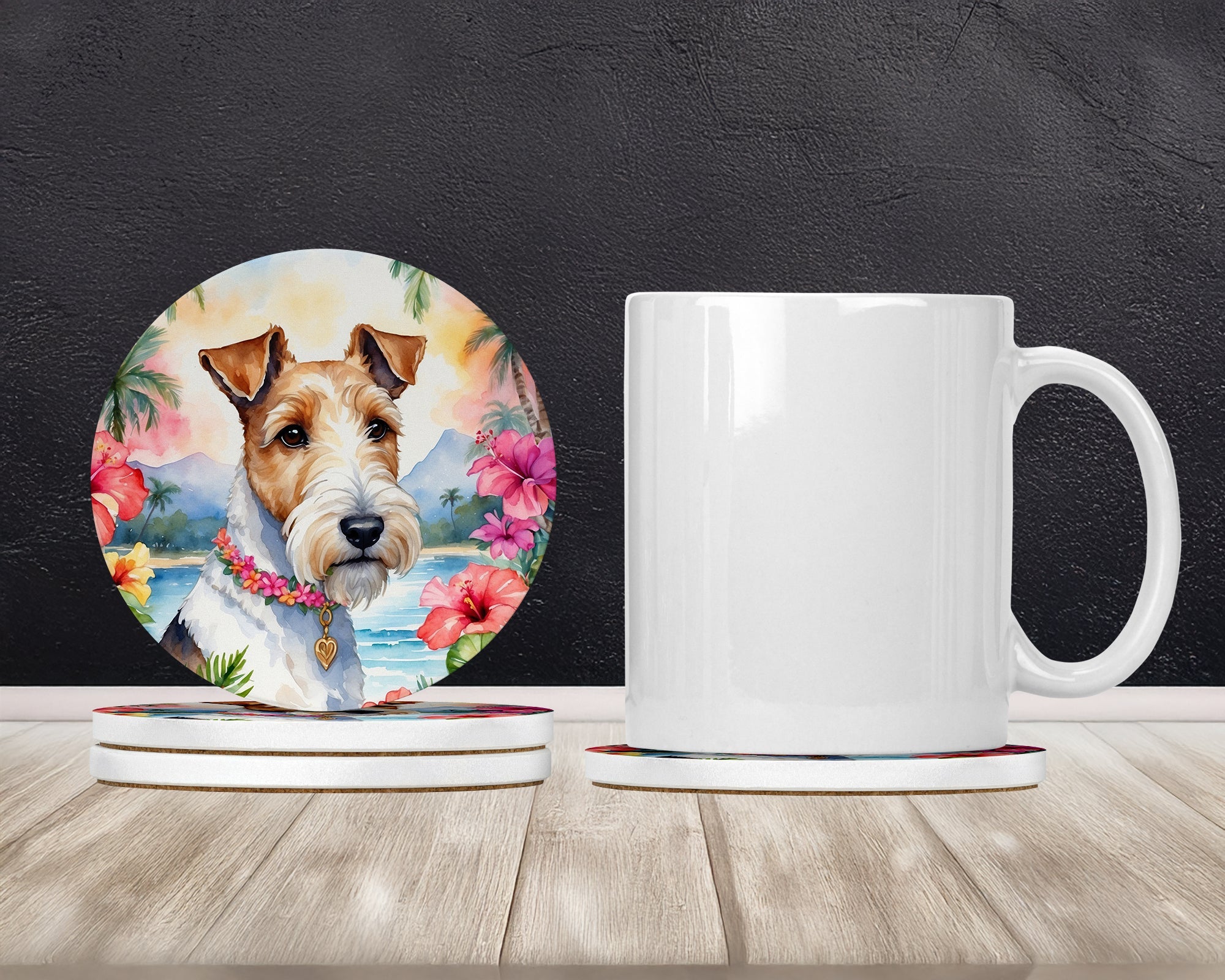 Fox Terrier Luau Large Sandstone Coasters Pack of 4 Absorbent Round Coasters Decor Gifts for Men or Women, 4 in, Multicolor