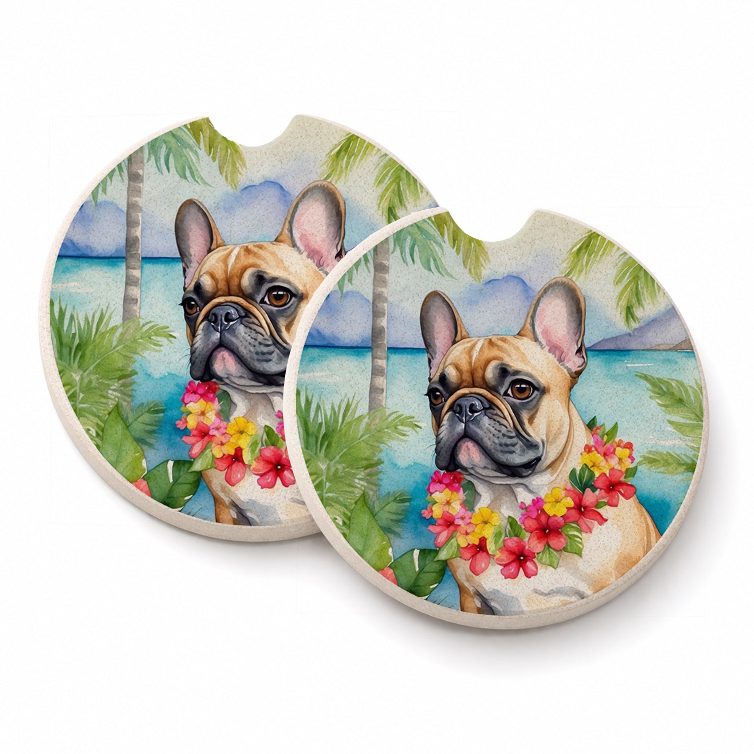 French Bulldog Luau Set of 2 Cup Holder Car Coasters Absorbent Round Sandstone Coasters Gifts for Men or Women, 2.5, Multicolor