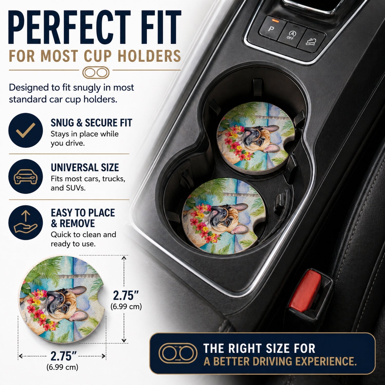 French Bulldog Luau Set of 2 Cup Holder Car Coasters Absorbent Round Sandstone Coasters Gifts for Men or Women, 2.5, Multicolor