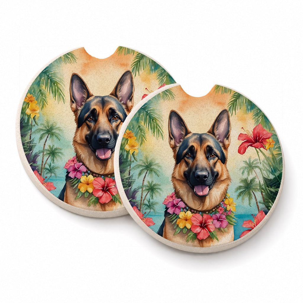 German Shepherd Luau Set of 2 Cup Holder Car Coasters Absorbent Round Sandstone Coasters Gifts for Men or Women, 2.5, Multicolor