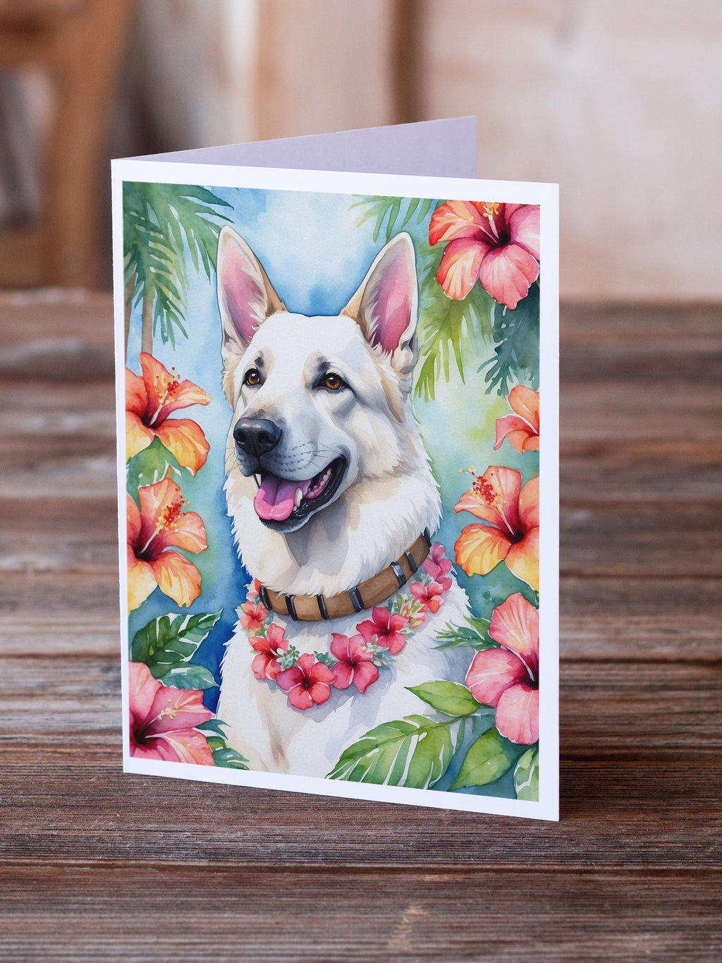 White German Shepherd Luau Greeting Cards Pack of 8 Blank Cards with Envelopes Whimsical A7 Size 5x7