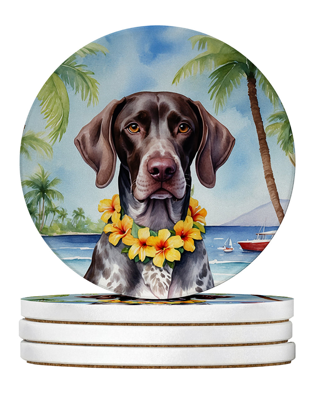 German Shorthaired Pointer Luau Large Sandstone Coasters Pack of 4 Absorbent Round Coasters Decor Gifts for Men or Women, 4 in, Multicolor