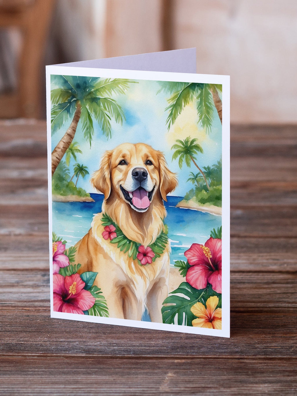 Golden Retriever Luau Greeting Cards Pack of 8 Blank Cards with Envelopes Whimsical A7 Size 5x7