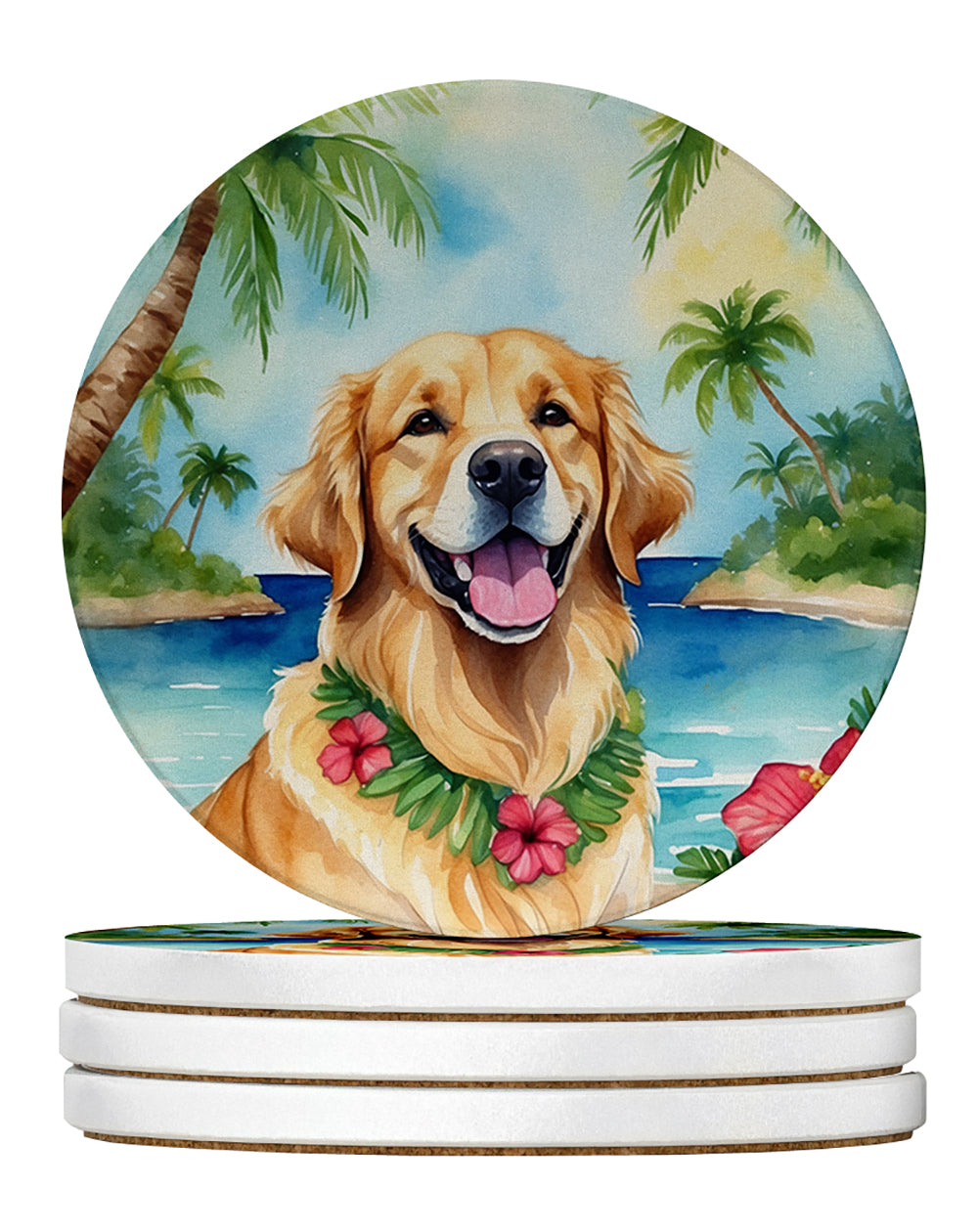 Golden Retriever Luau Large Sandstone Coasters Pack of 4 Absorbent Round Coasters Decor Gifts for Men or Women, 4 in, Multicolor