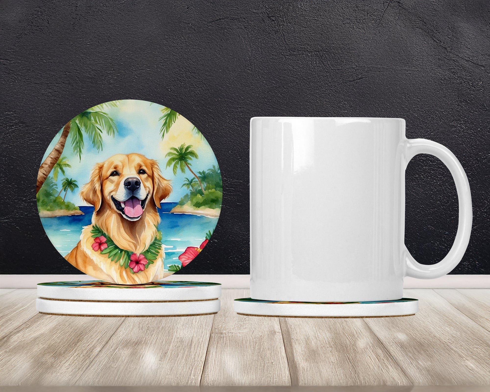 Golden Retriever Luau Large Sandstone Coasters Pack of 4 Absorbent Round Coasters Decor Gifts for Men or Women, 4 in, Multicolor