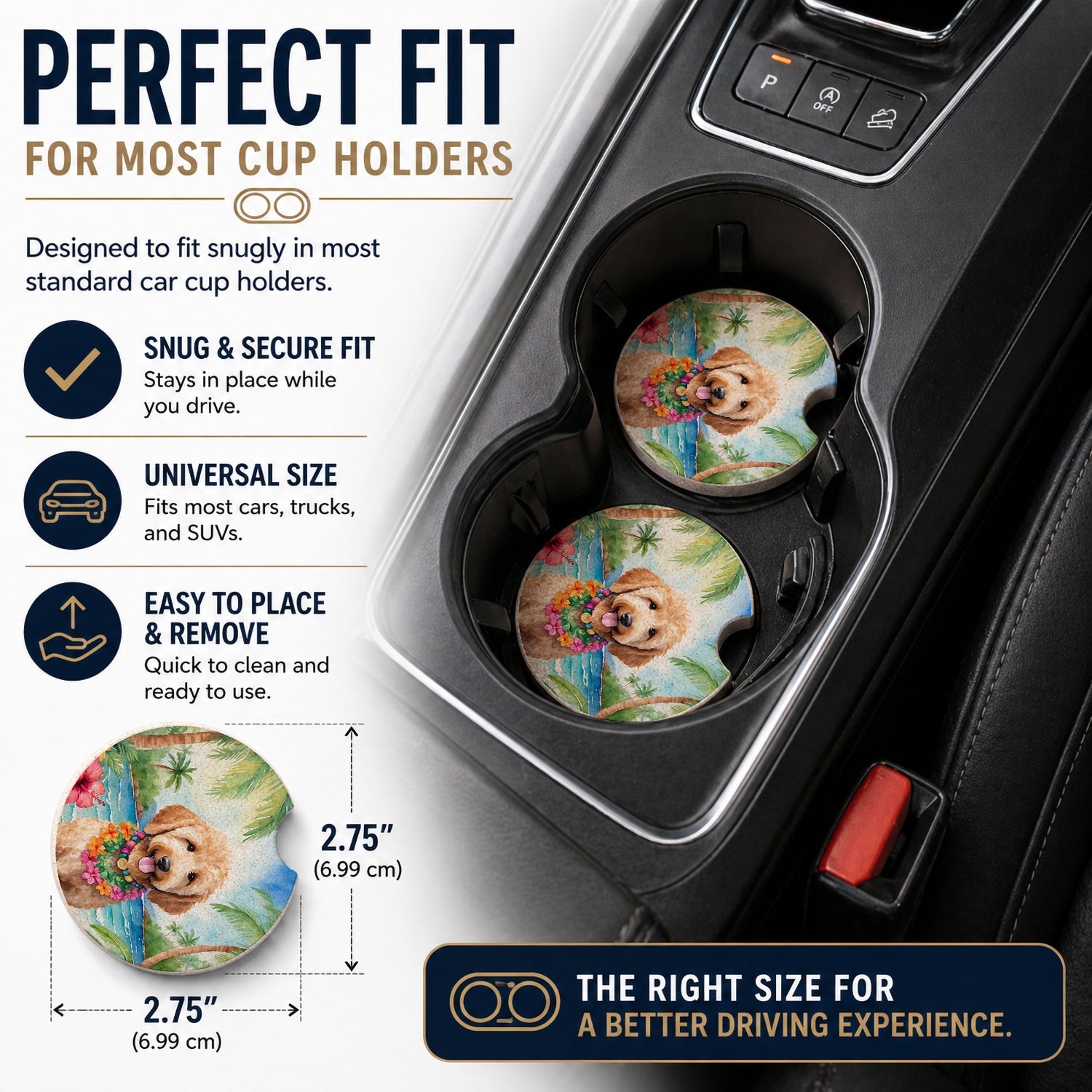 Goldendoodle Luau Set of 2 Cup Holder Car Coasters Absorbent Round Sandstone Coasters Gifts for Men or Women, 2.5, Multicolor