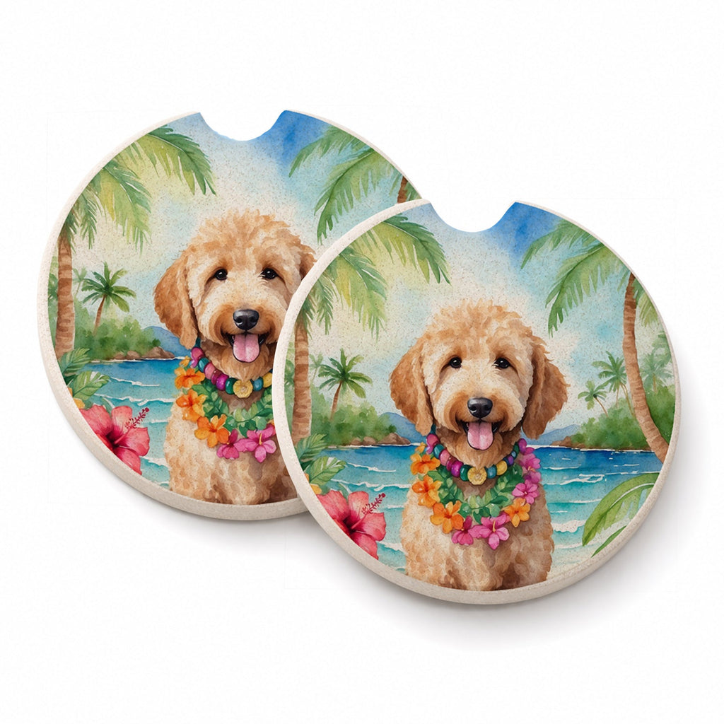 Goldendoodle Luau Set of 2 Cup Holder Car Coasters Absorbent Round Sandstone Coasters Gifts for Men or Women, 2.5, Multicolor