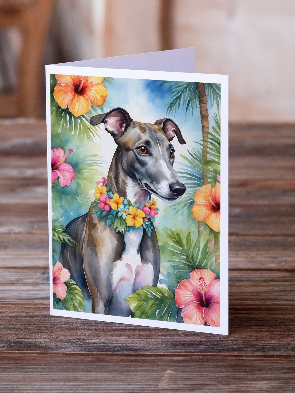 Greyhound Luau Greeting Cards Pack of 8 Blank Cards with Envelopes Whimsical A7 Size 5x7