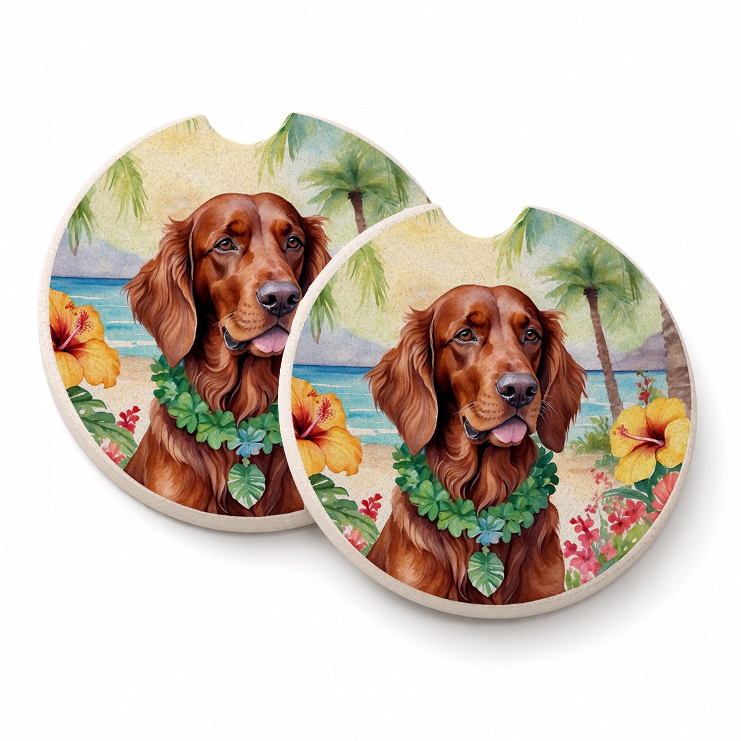 Irish Setter Luau Set of 2 Cup Holder Car Coasters Absorbent Round Sandstone Coasters Gifts for Men or Women, 2.5, Multicolor