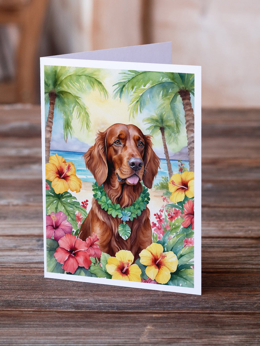 Irish Setter Luau Greeting Cards Pack of 8 Blank Cards with Envelopes Whimsical A7 Size 5x7