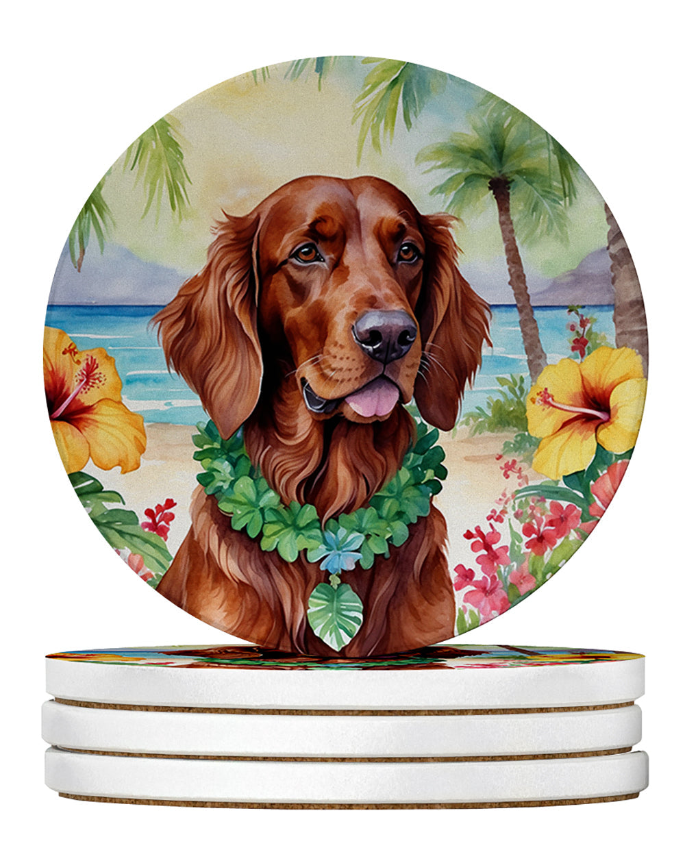 Irish Setter Luau Large Sandstone Coasters Pack of 4 Absorbent Round Coasters Decor Gifts for Men or Women, 4 in, Multicolor