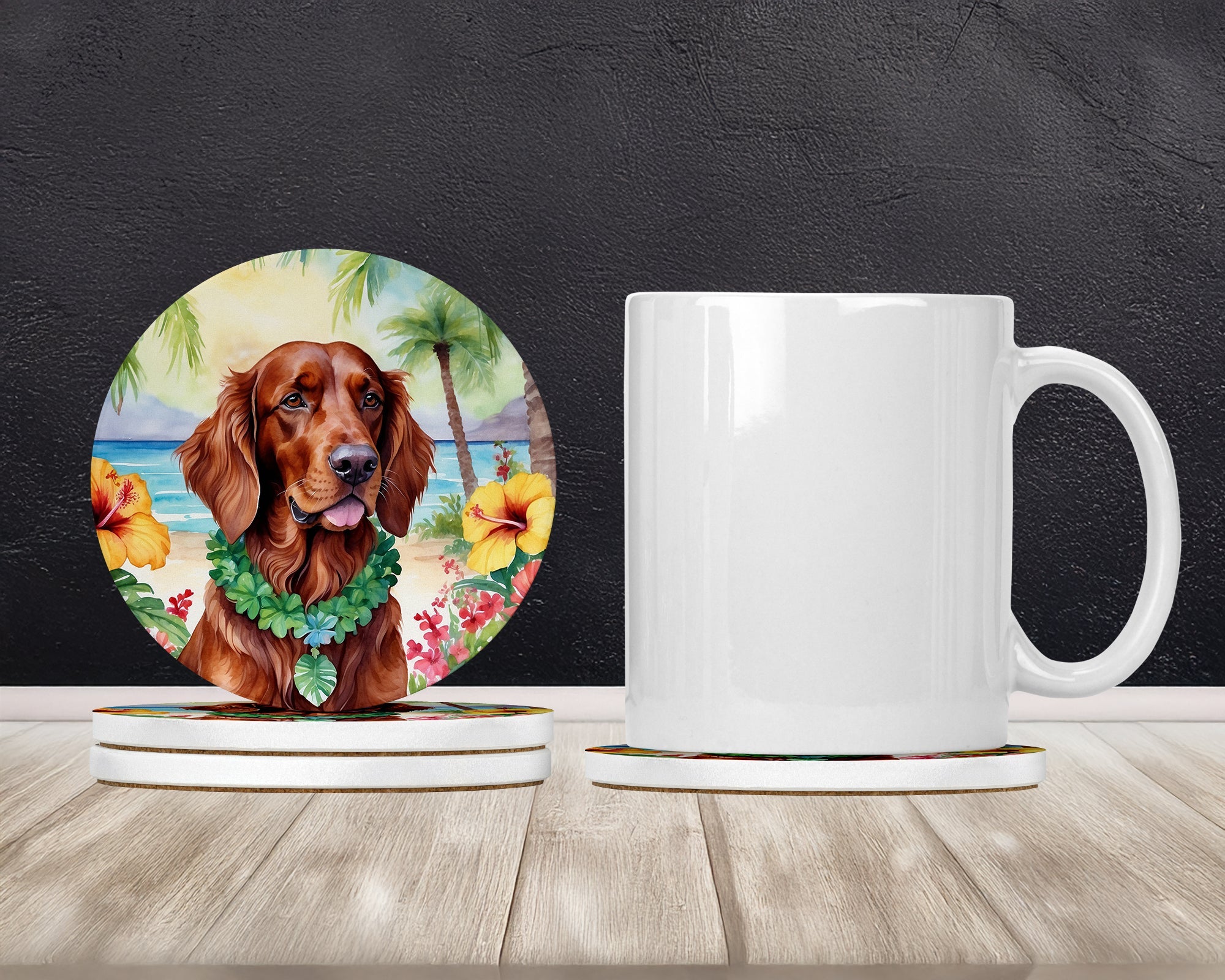 Irish Setter Luau Large Sandstone Coasters Pack of 4 Absorbent Round Coasters Decor Gifts for Men or Women, 4 in, Multicolor