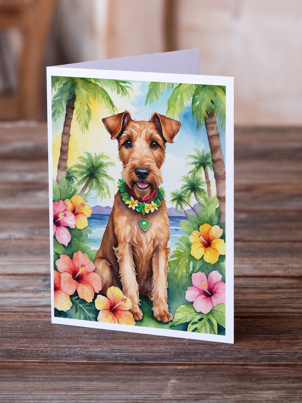 Irish Terrier Luau Greeting Cards Pack of 8 Blank Cards with Envelopes Whimsical A7 Size 5x7