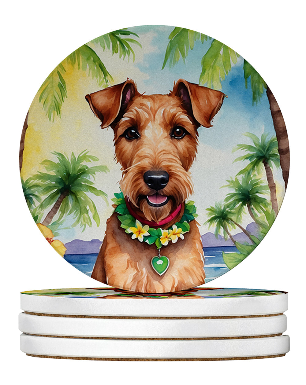 Irish Terrier Luau Large Sandstone Coasters Pack of 4 Absorbent Round Coasters Decor Gifts for Men or Women, 4 in, Multicolor