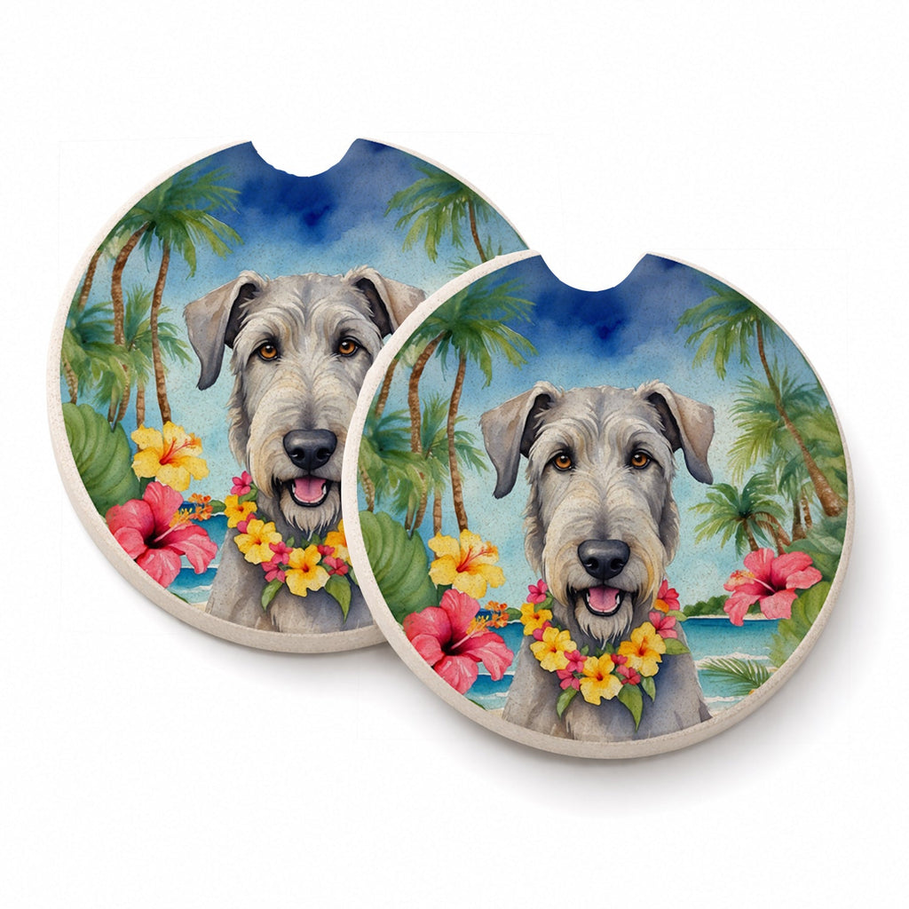 Irish Wolfhound Luau Set of 2 Cup Holder Car Coasters Absorbent Round Sandstone Coasters Gifts for Men or Women, 2.5, Multicolor