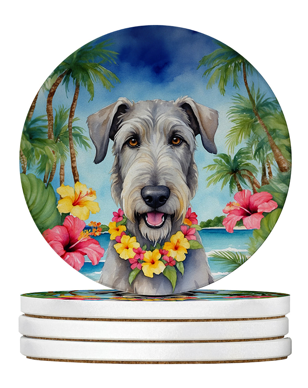 Irish Wolfhound Luau Large Sandstone Coasters Pack of 4 Absorbent Round Coasters Decor Gifts for Men or Women, 4 in, Multicolor