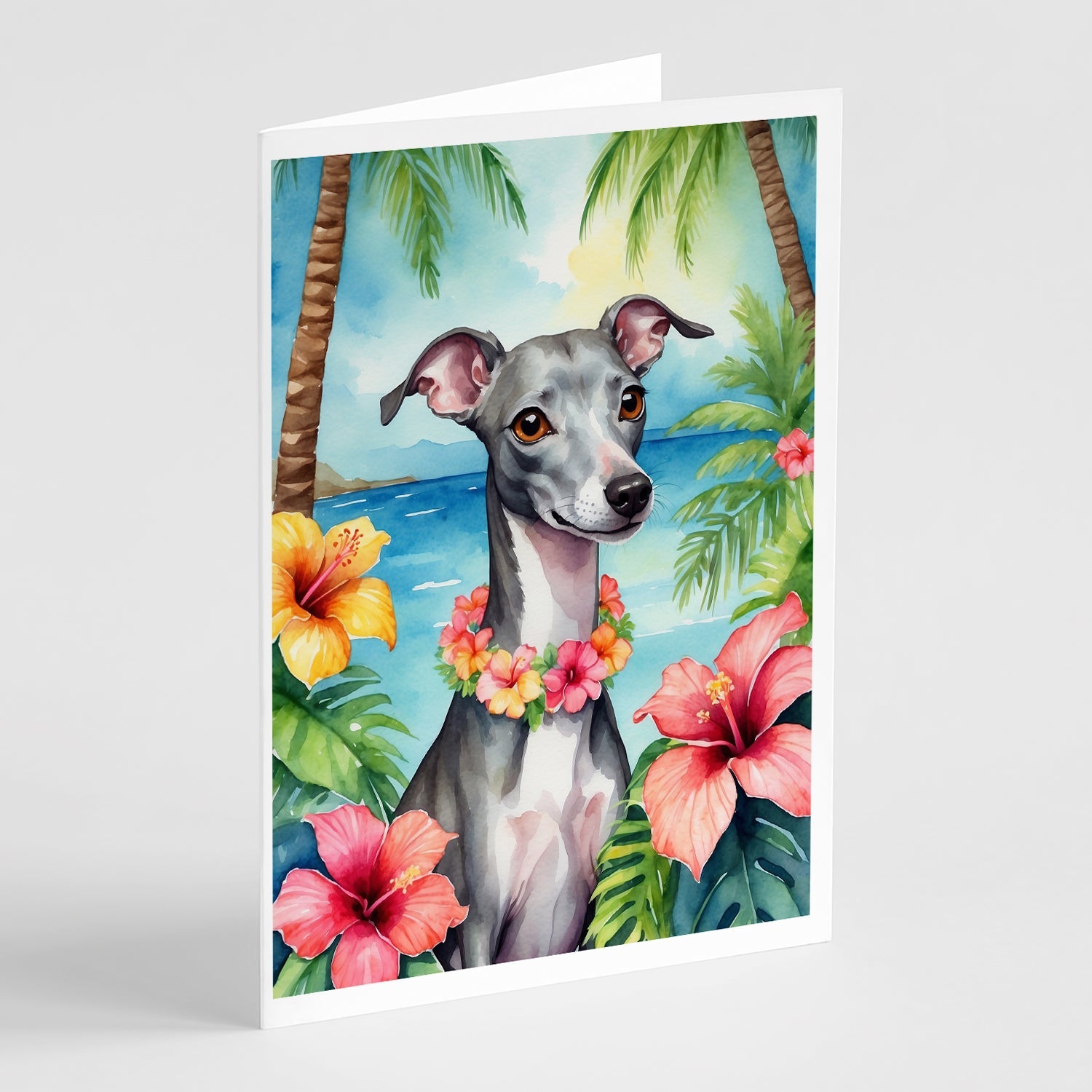 Italian Greyhound Luau Greeting Cards Pack of 8 Blank Cards with Envelopes Whimsical A7 Size 5x7