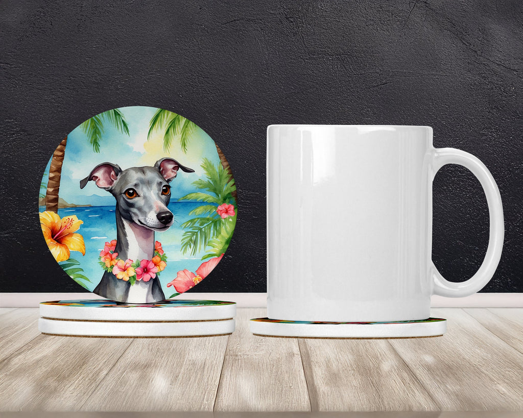 Italian Greyhound Luau Large Sandstone Coasters Pack of 4 Absorbent Round Coasters Decor Gifts for Men or Women, 4 in, Multicolor
