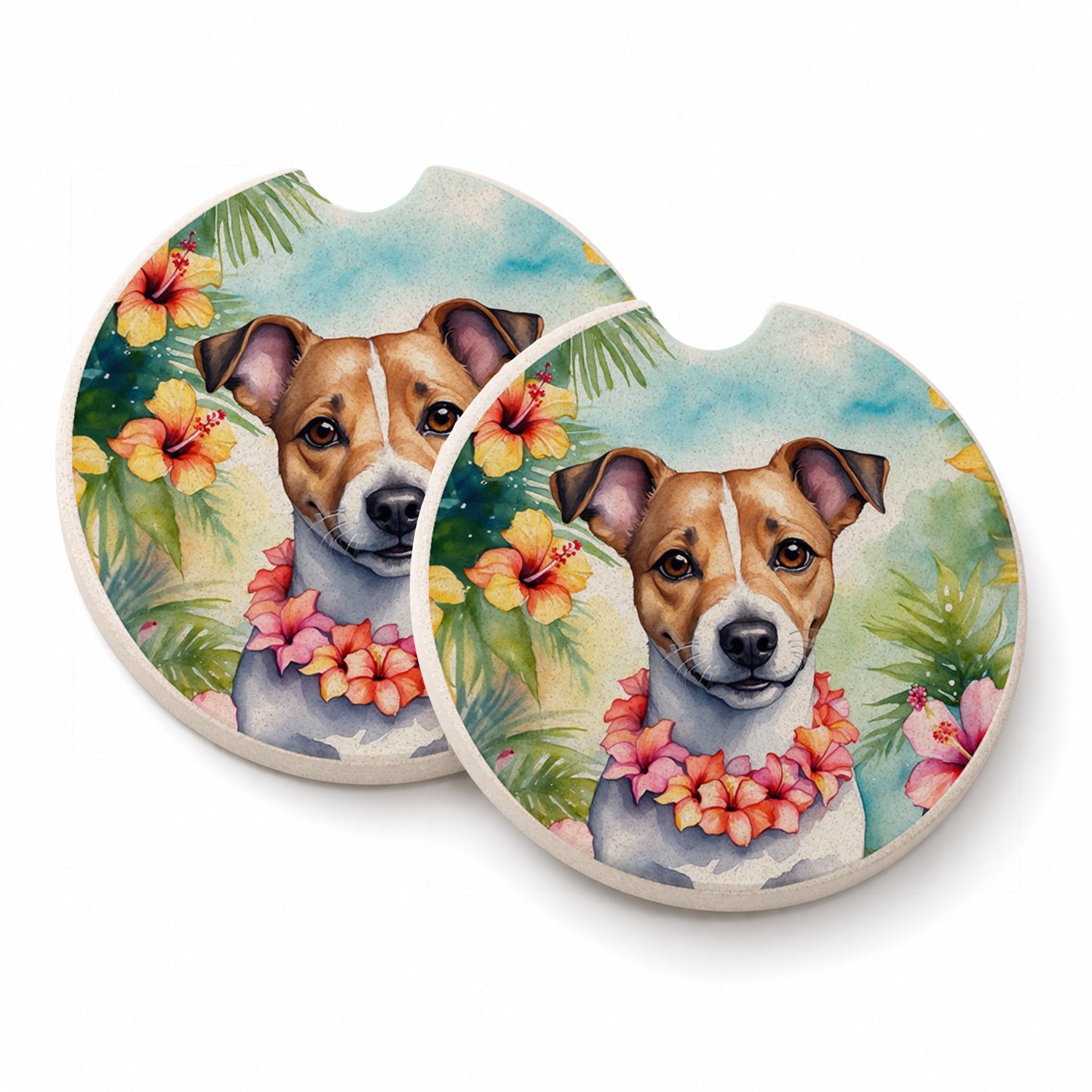 Jack Russell Terrier Luau Set of 2 Cup Holder Car Coasters Absorbent Round Sandstone Coasters Gifts for Men or Women, 2.5, Multicolor