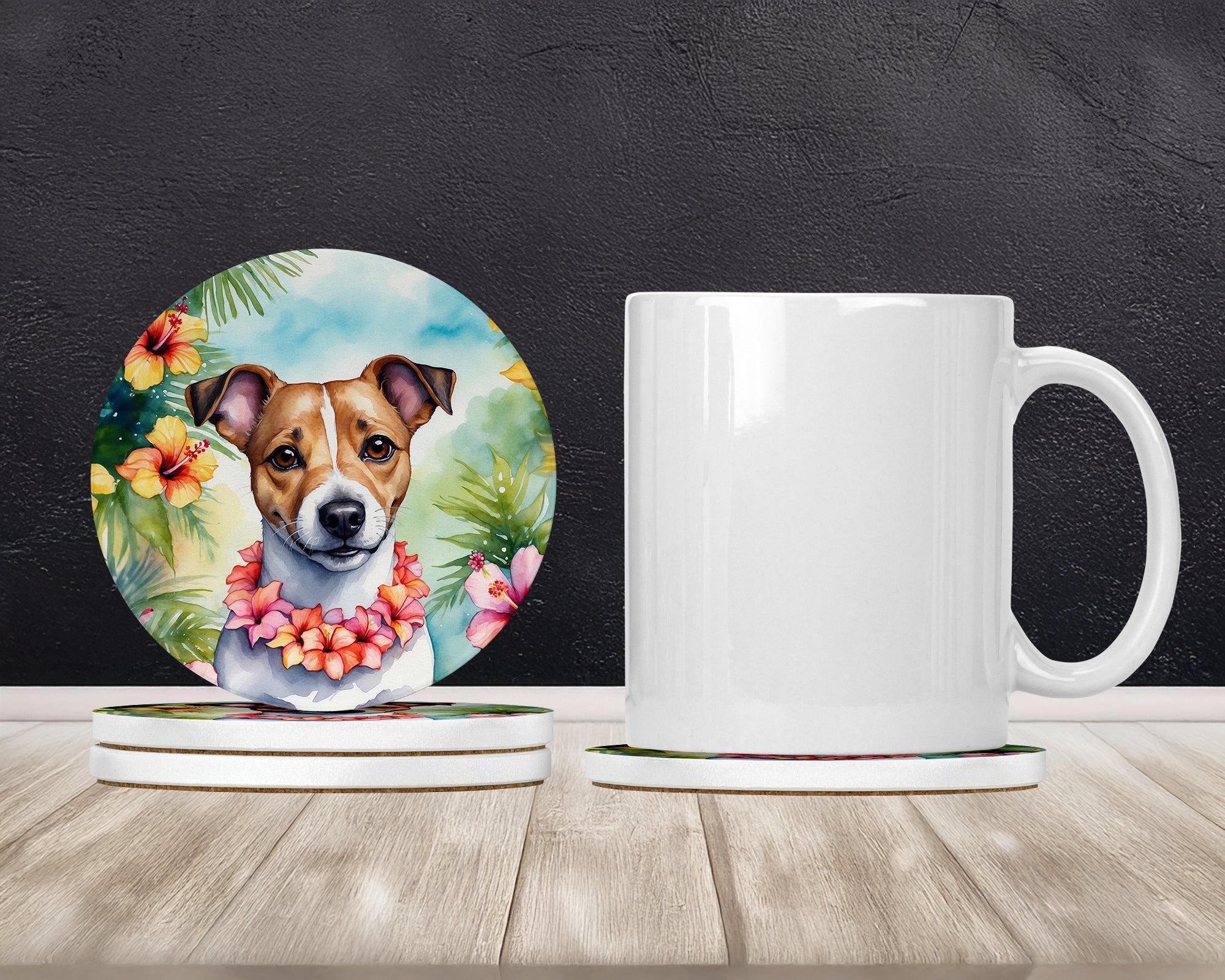 Jack Russell Terrier Luau Large Sandstone Coasters Pack of 4 Absorbent Round Coasters Decor Gifts for Men or Women, 4 in, Multicolor