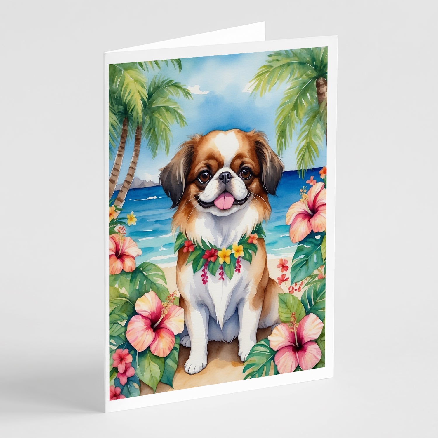 Japanese Chin Luau Greeting Cards Pack of 8 Blank Cards with Envelopes Whimsical A7 Size 5x7