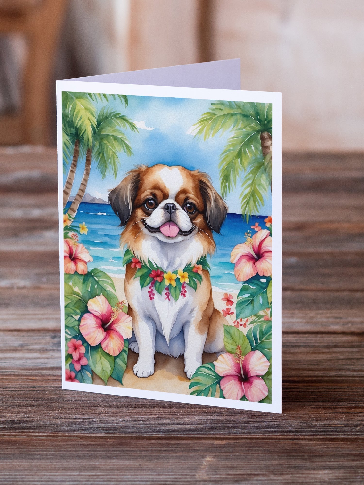 Japanese Chin Luau Greeting Cards Pack of 8 Blank Cards with Envelopes Whimsical A7 Size 5x7