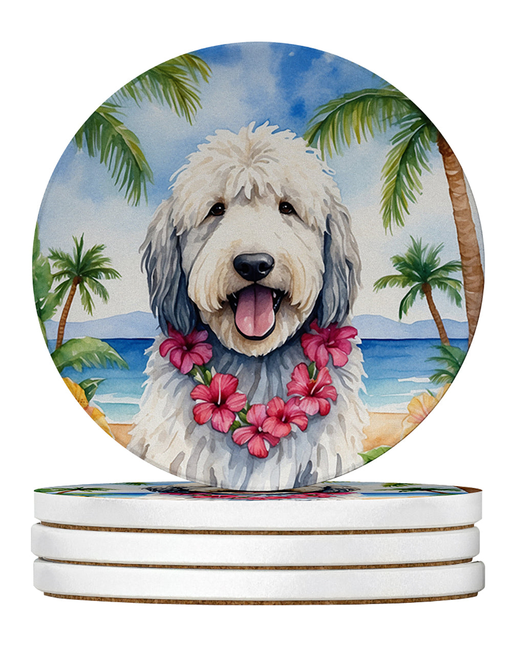 Komondor Luau Large Sandstone Coasters Pack of 4 Absorbent Round Coasters Decor Gifts for Men or Women, 4 in, Multicolor