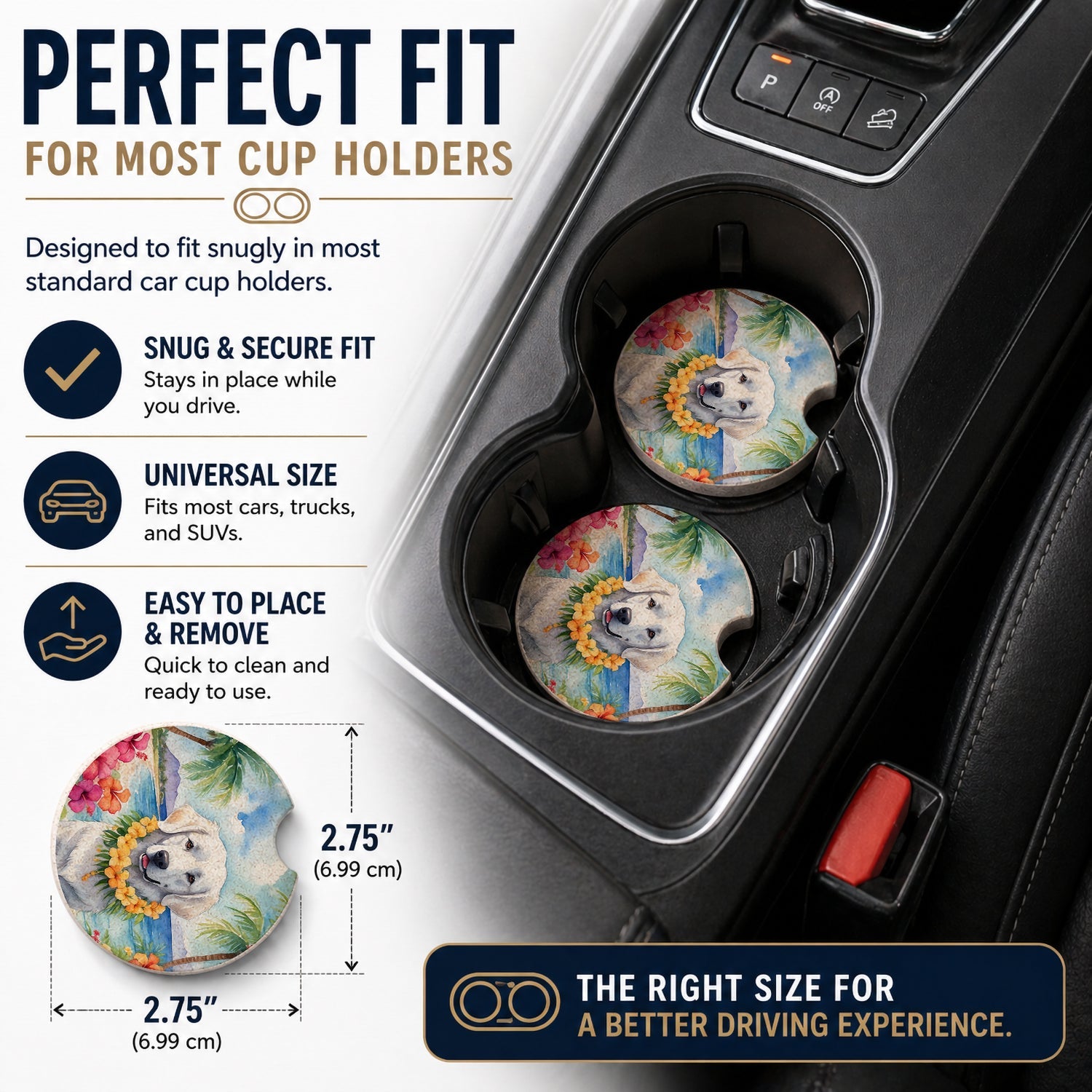 Kuvasz Luau Set of 2 Cup Holder Car Coasters Absorbent Round Sandstone Coasters Gifts for Men or Women, 2.5, Multicolor