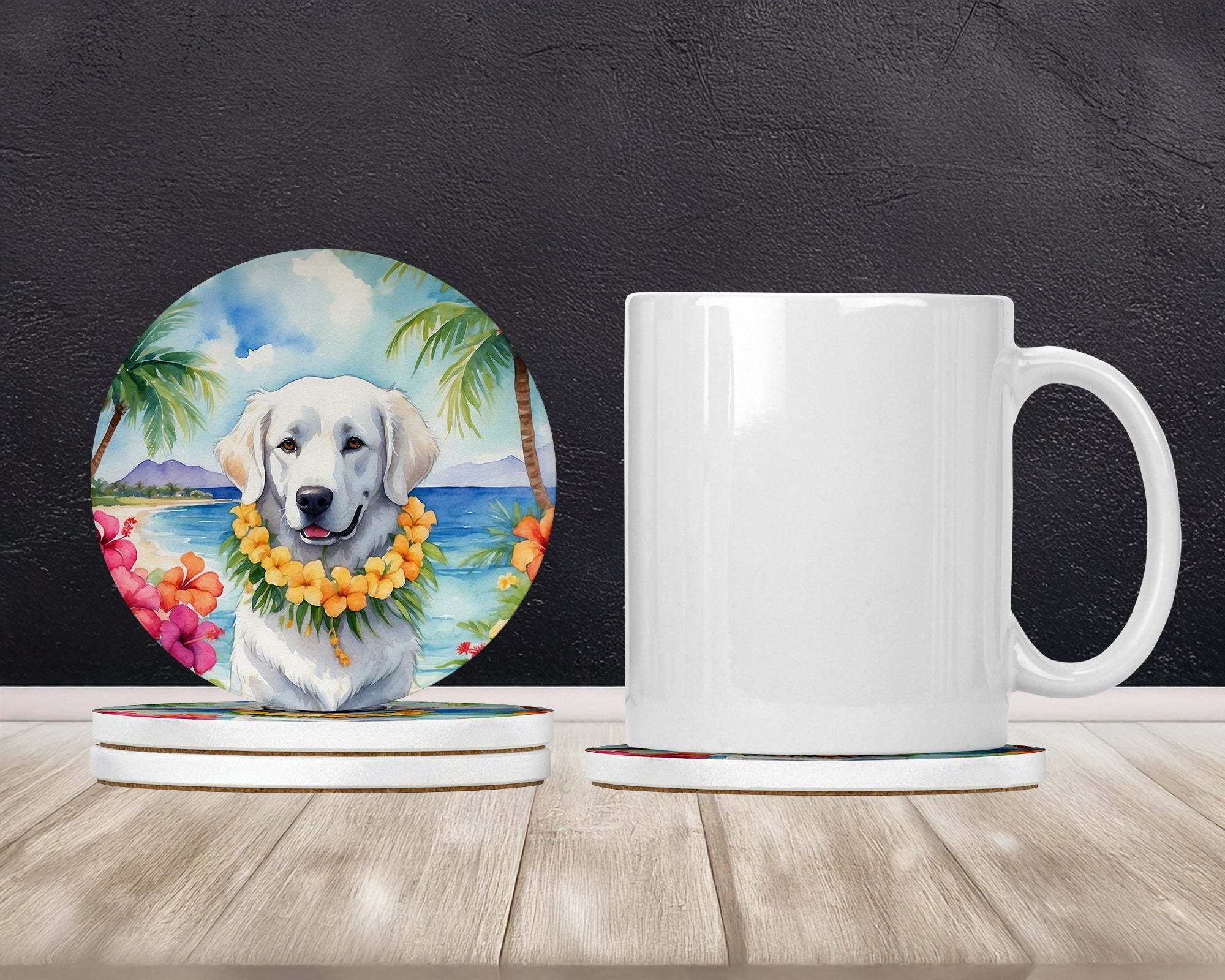 Kuvasz Luau Large Sandstone Coasters Pack of 4 Absorbent Round Coasters Decor Gifts for Men or Women, 4 in, Multicolor