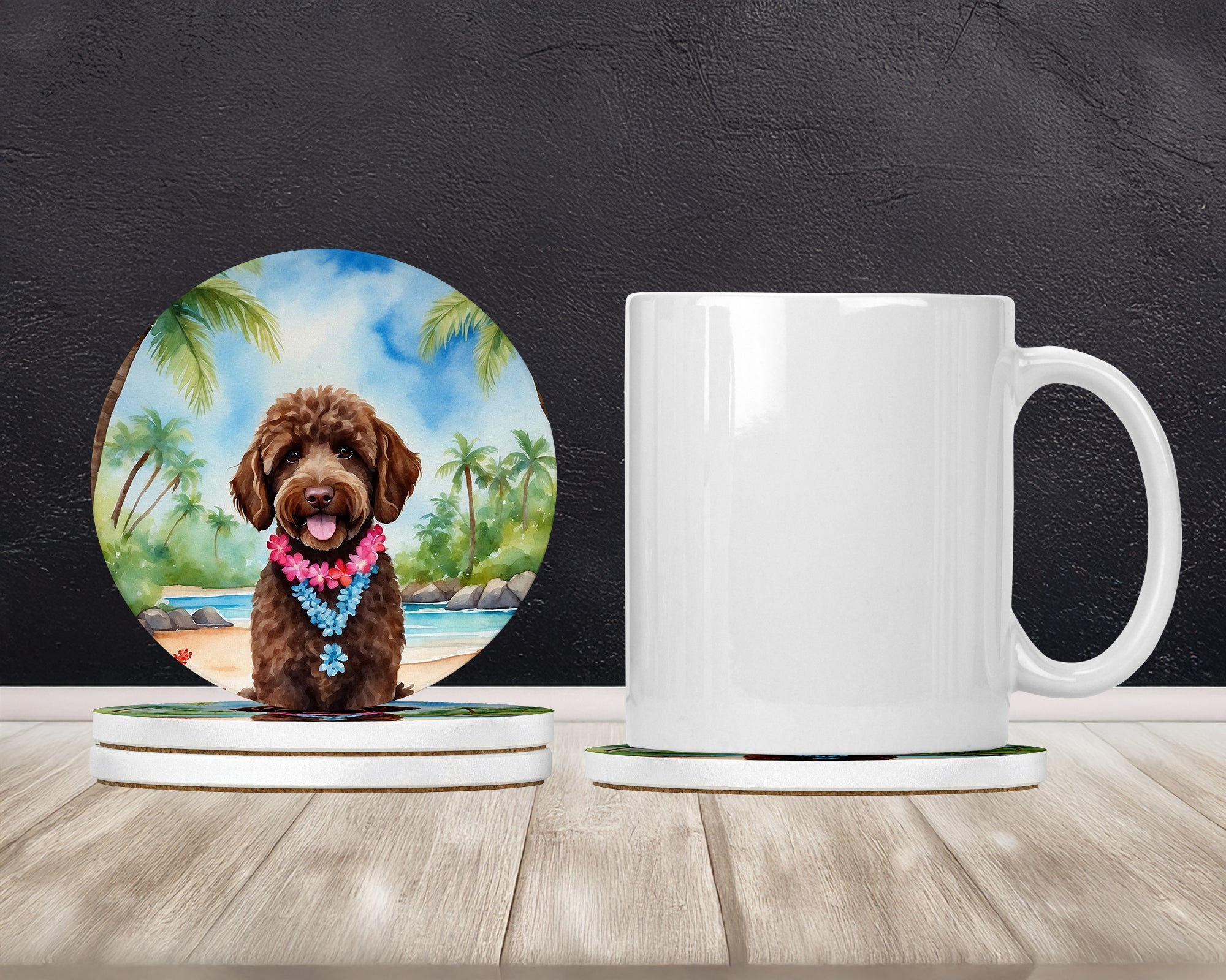 Labradoodle Luau Large Sandstone Coasters Pack of 4 Absorbent Round Coasters Decor Gifts for Men or Women, 4 in, Multicolor