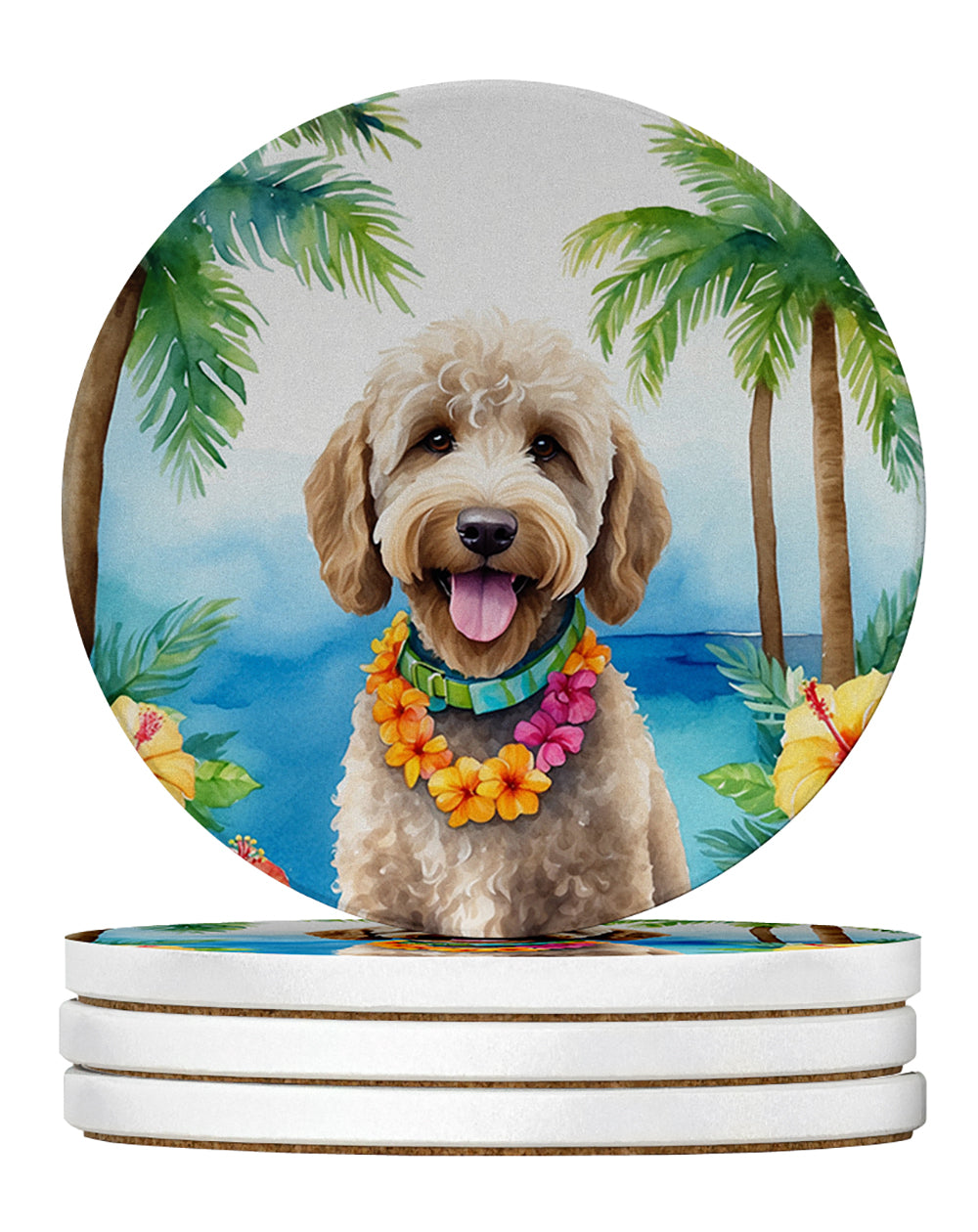 Labradoodle Luau Large Sandstone Coasters Pack of 4 Absorbent Round Coasters Decor Gifts for Men or Women, 4 in, Multicolor