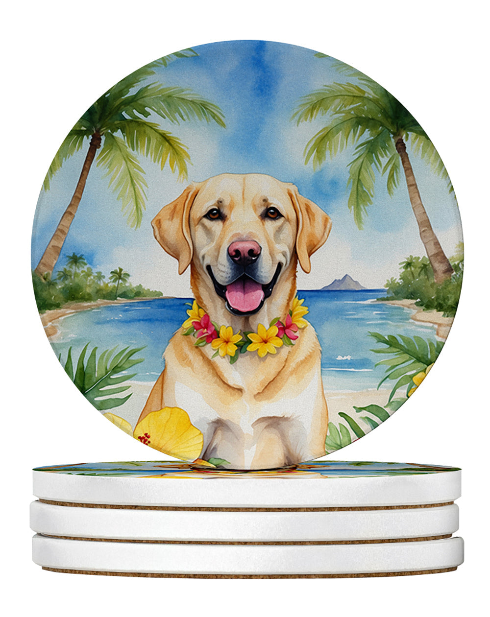 Yellow Labrador Retriever Luau Large Sandstone Coasters Pack of 4 Absorbent Round Coasters Decor Gifts for Men or Women, 4 in, Multicolor