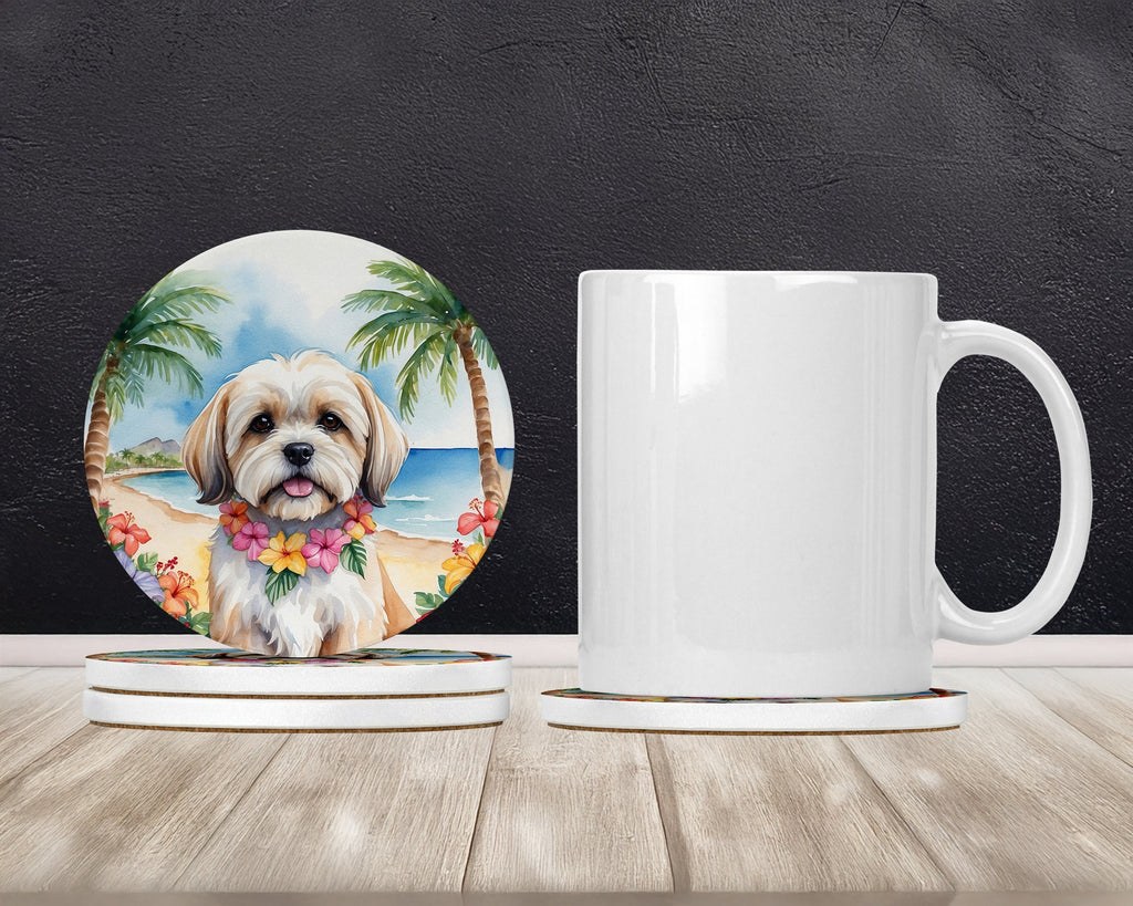 Lhasa Apso Luau Large Sandstone Coasters Pack of 4 Absorbent Round Coasters Decor Gifts for Men or Women, 4 in, Multicolor