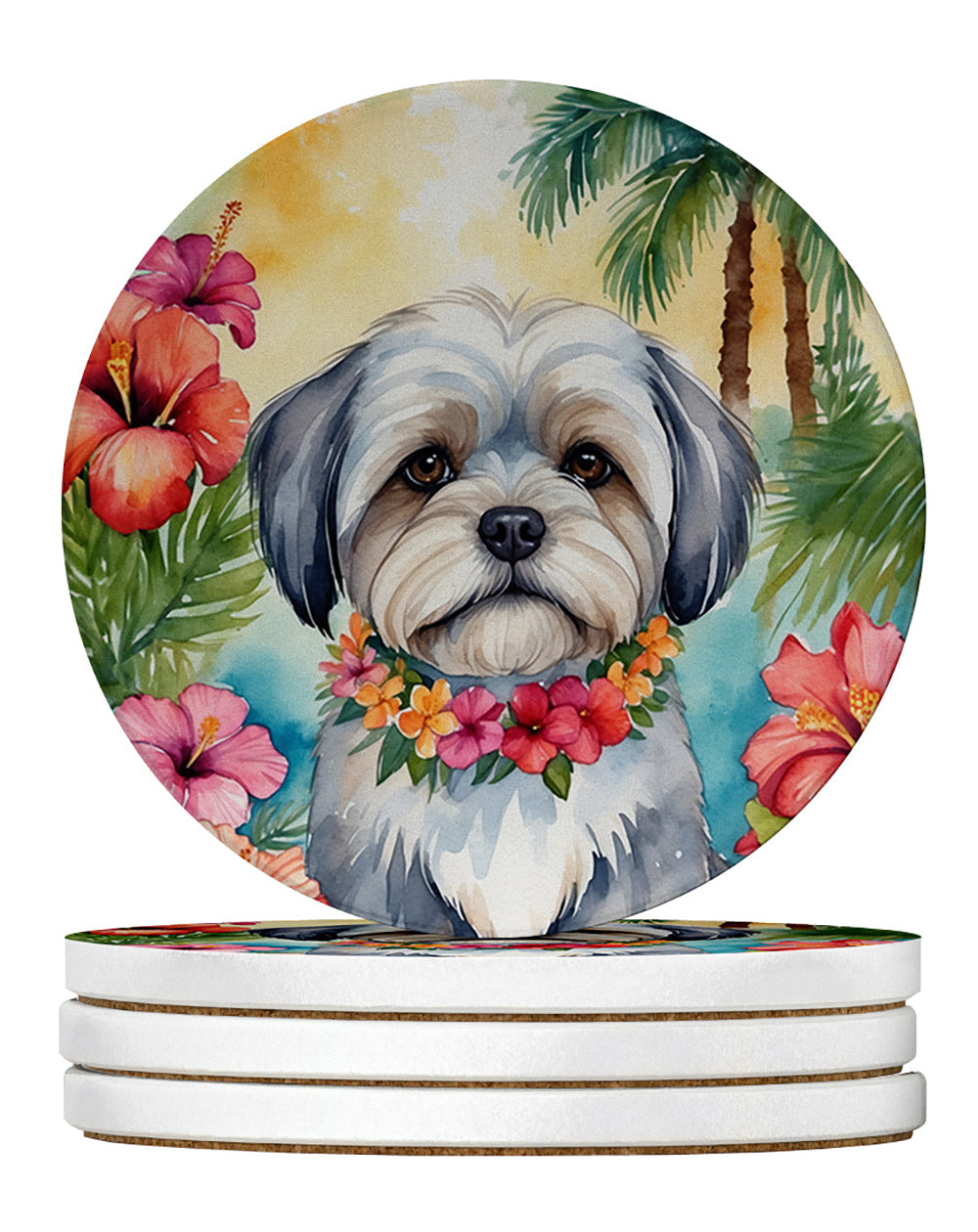 Lhasa Apso Luau Large Sandstone Coasters Pack of 4 Absorbent Round Coasters Decor Gifts for Men or Women, 4 in, Multicolor