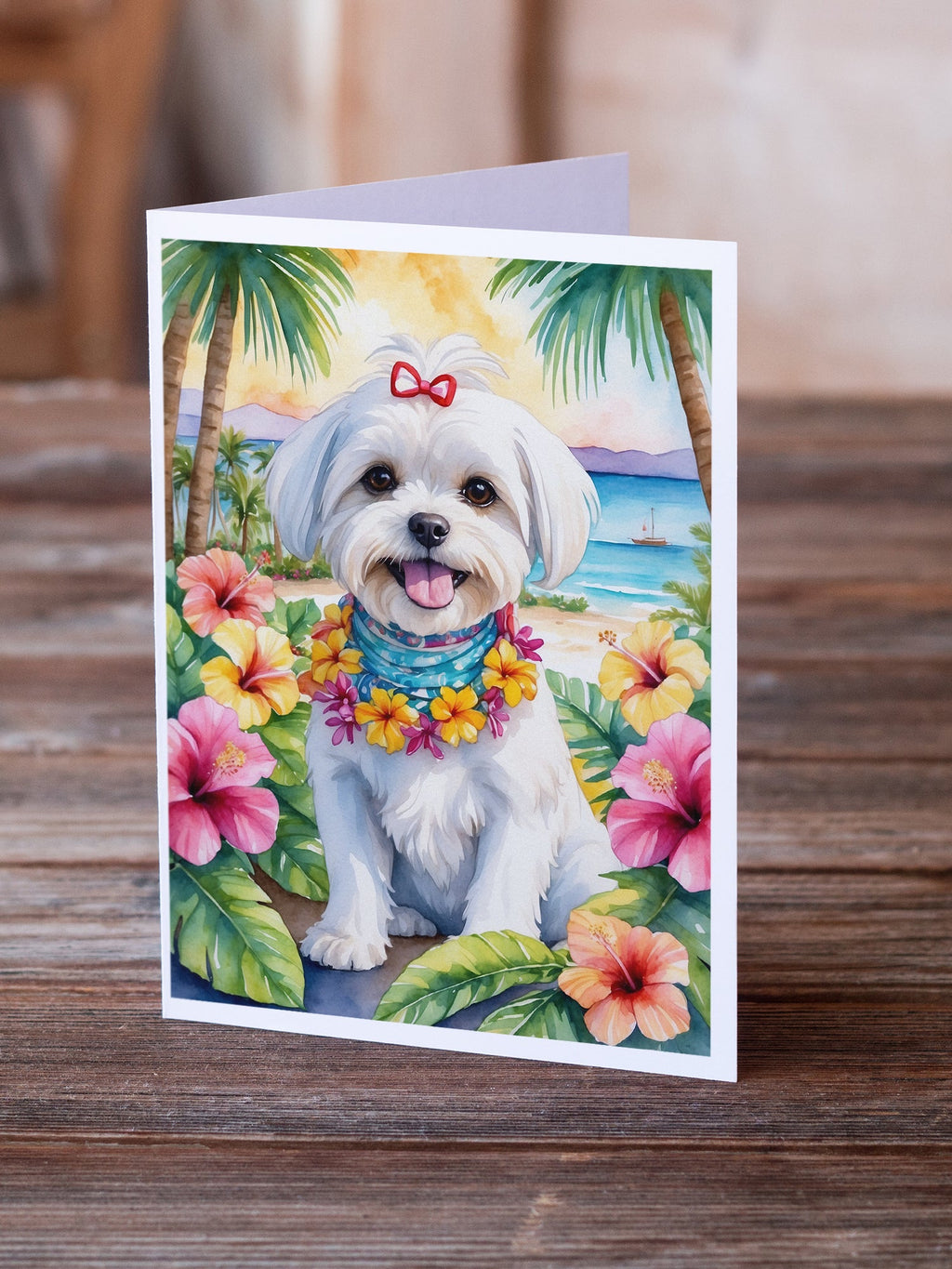 Maltese Luau Greeting Cards Pack of 8 Blank Cards with Envelopes Whimsical A7 Size 5x7
