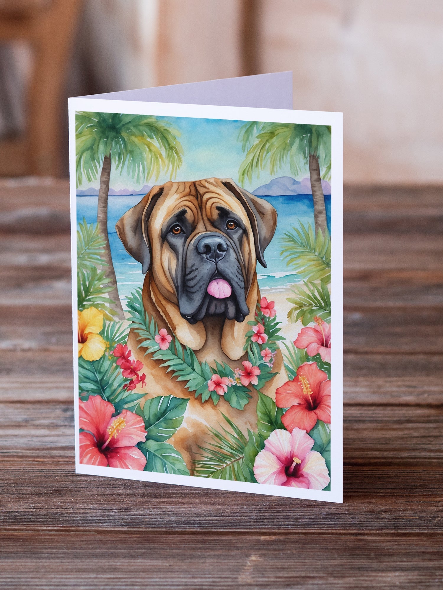 Mastiff Luau Greeting Cards Pack of 8 Blank Cards with Envelopes Whimsical A7 Size 5x7