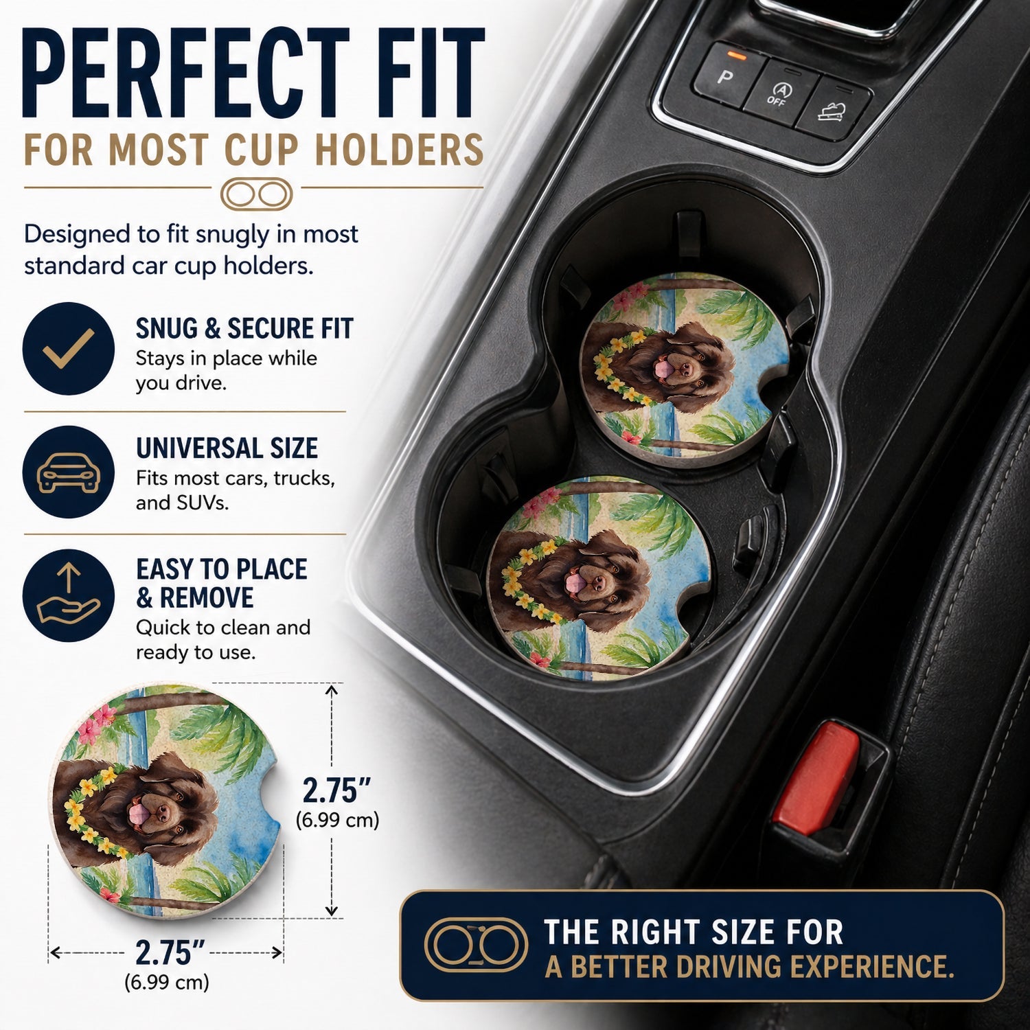 Newfoundland Luau Set of 2 Cup Holder Car Coasters Absorbent Round Sandstone Coasters Gifts for Men or Women, 2.5, Multicolor