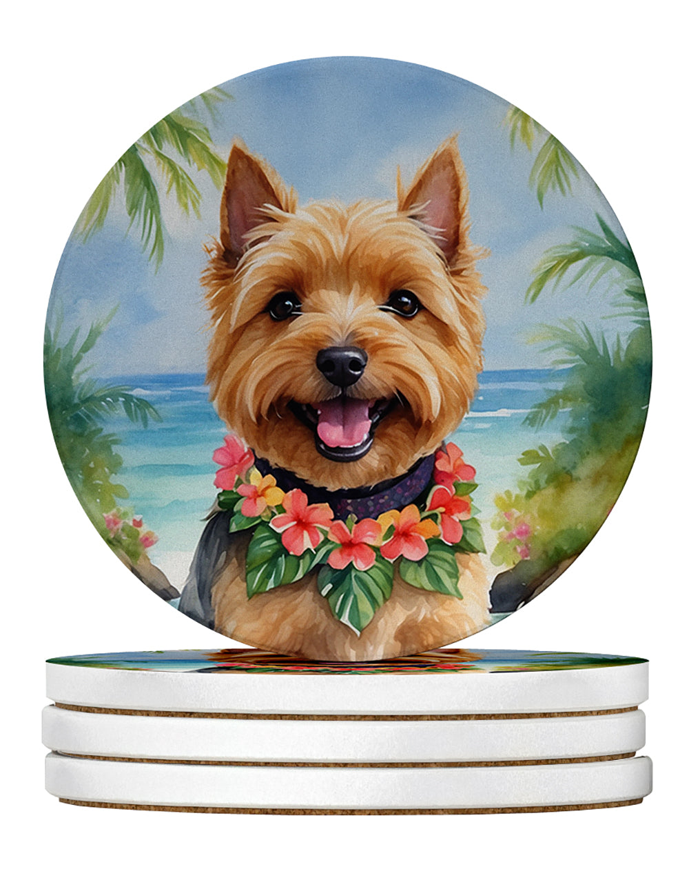 Norwich Terrier Luau Large Sandstone Coasters Pack of 4 Absorbent Round Coasters Decor Gifts for Men or Women, 4 in, Multicolor