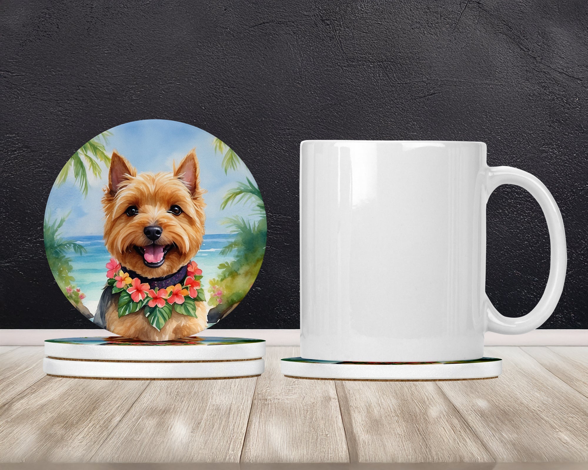 Norwich Terrier Luau Large Sandstone Coasters Pack of 4 Absorbent Round Coasters Decor Gifts for Men or Women, 4 in, Multicolor