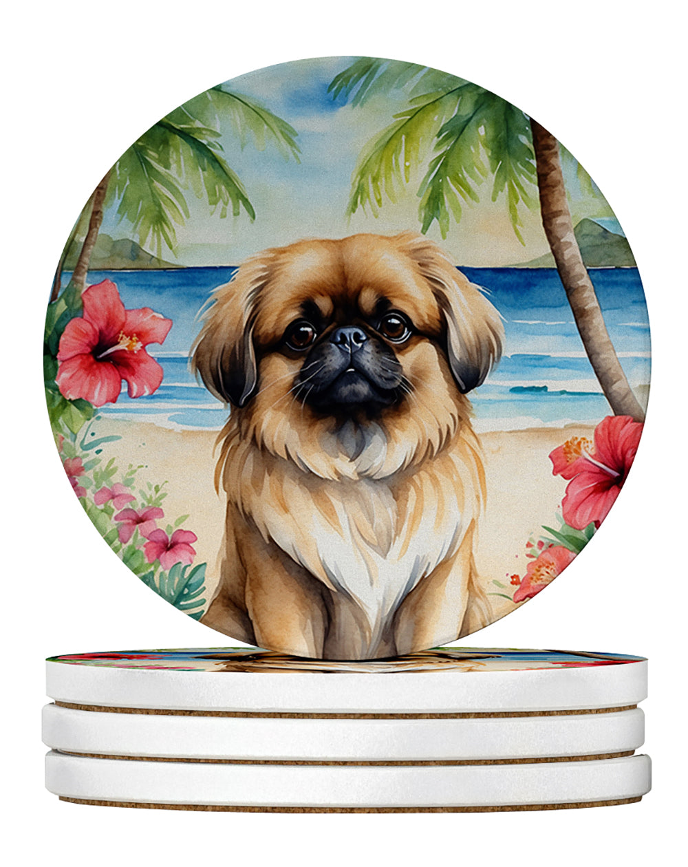 Pekingese Luau Large Sandstone Coasters Pack of 4 Absorbent Round Coasters Decor Gifts for Men or Women, 4 in, Multicolor