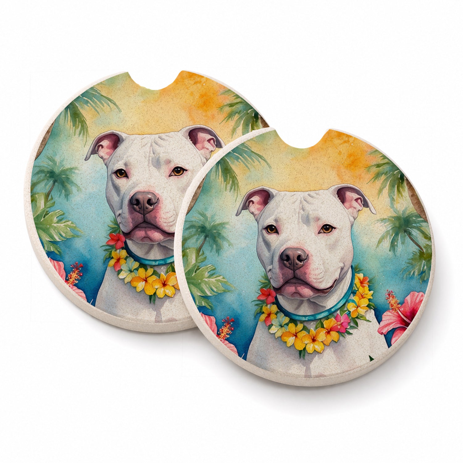 Pit Bull Terrier Luau Set of 2 Cup Holder Car Coasters Absorbent Round Sandstone Coasters Gifts for Men or Women, 2.5, Multicolor