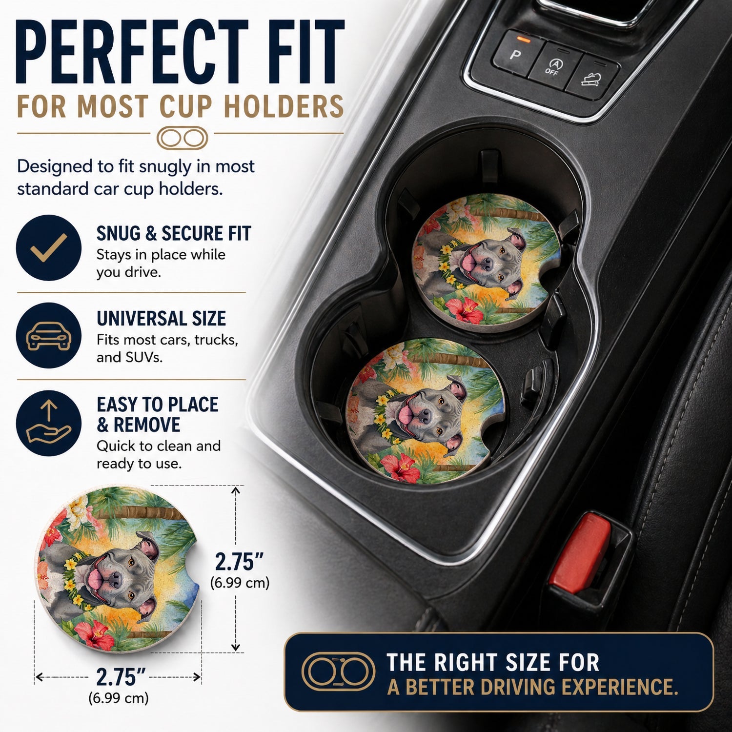 Pit Bull Terrier Luau Set of 2 Cup Holder Car Coasters Absorbent Round Sandstone Coasters Gifts for Men or Women, 2.5, Multicolor