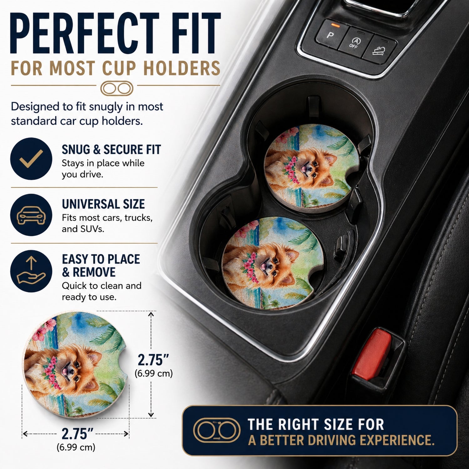 Pomeranian Luau Set of 2 Cup Holder Car Coasters Absorbent Round Sandstone Coasters Gifts for Men or Women, 2.5, Multicolor