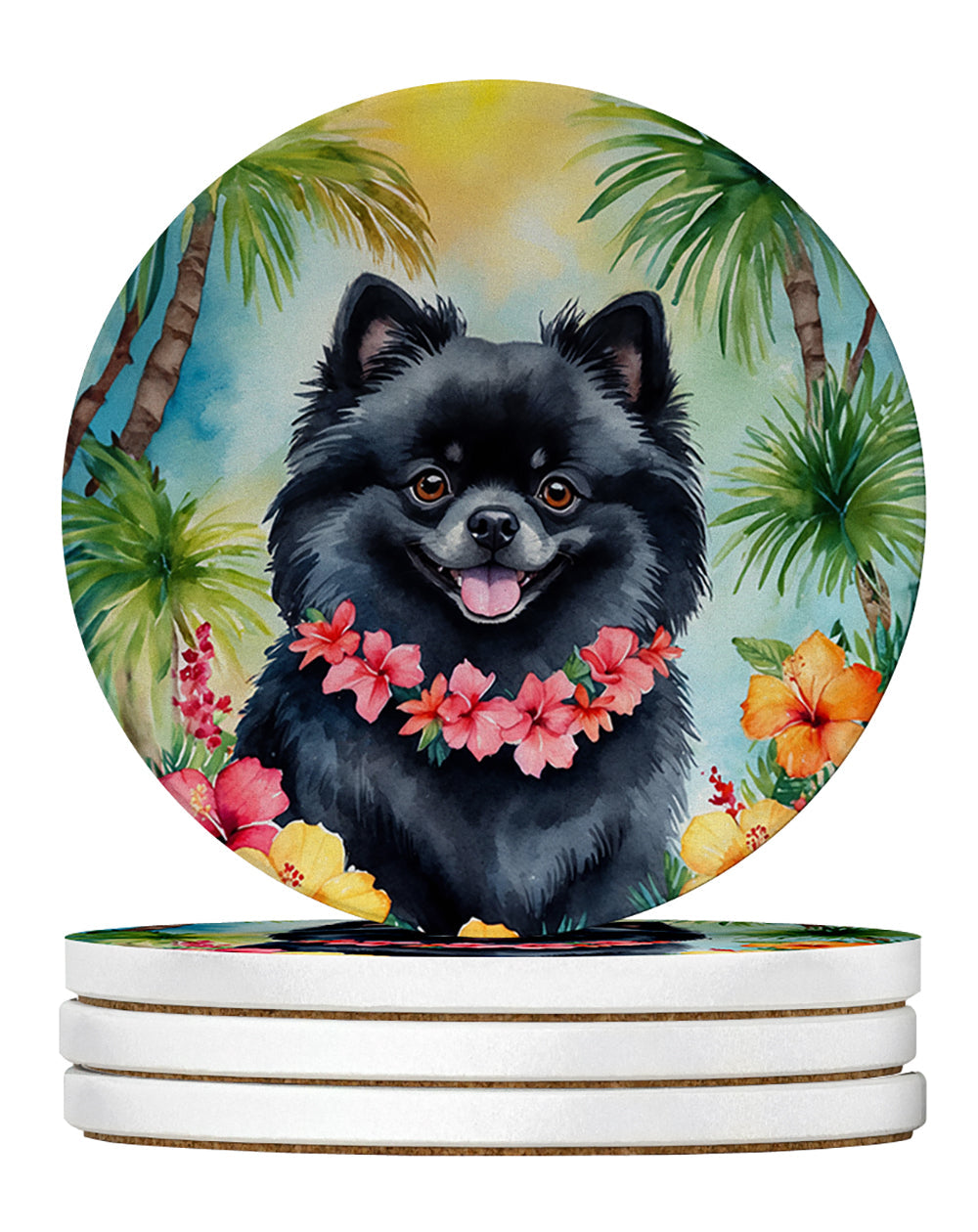 Pomeranian Luau Large Sandstone Coasters Pack of 4 Absorbent Round Coasters Decor Gifts for Men or Women, 4 in, Multicolor