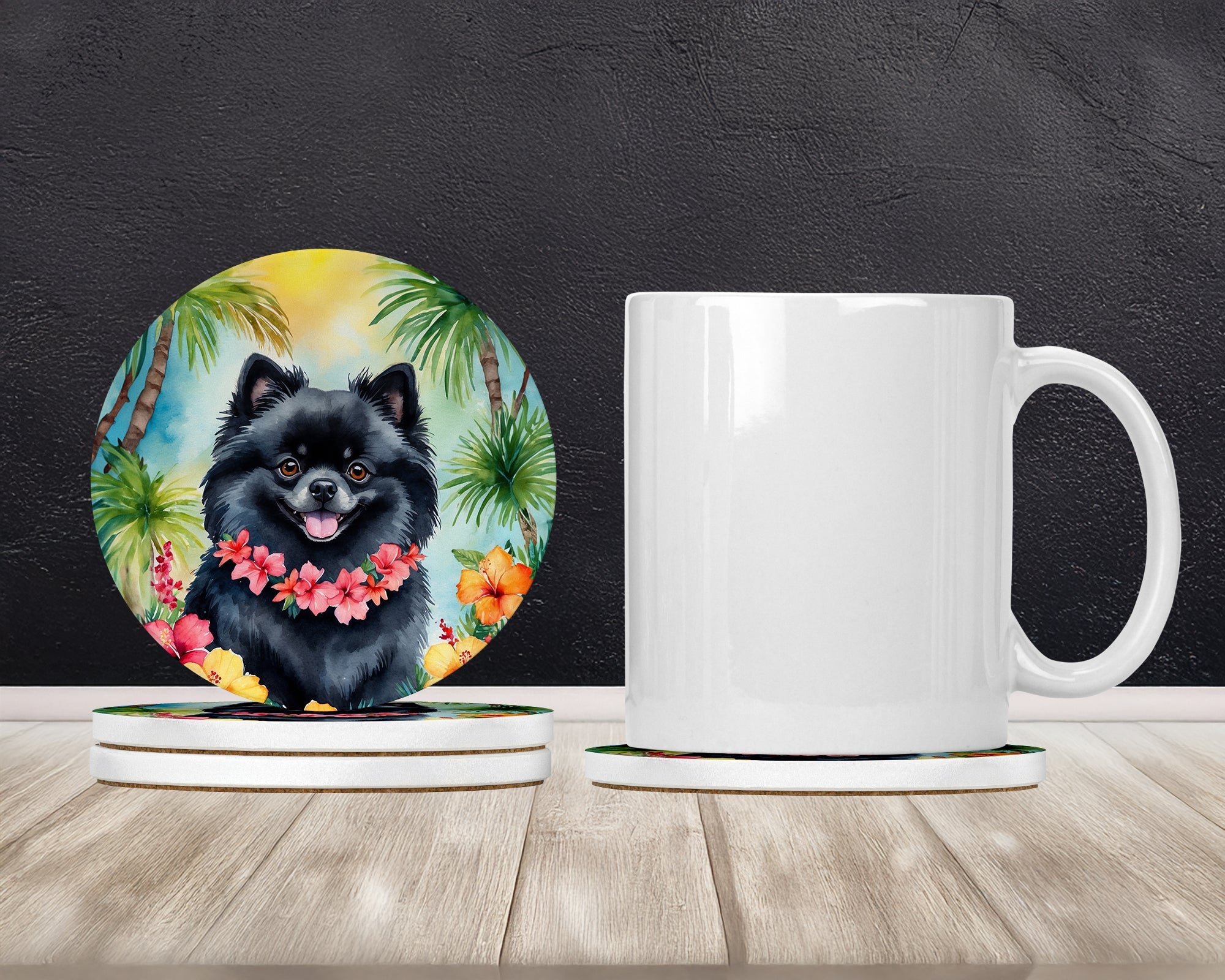 Pomeranian Luau Large Sandstone Coasters Pack of 4 Absorbent Round Coasters Decor Gifts for Men or Women, 4 in, Multicolor