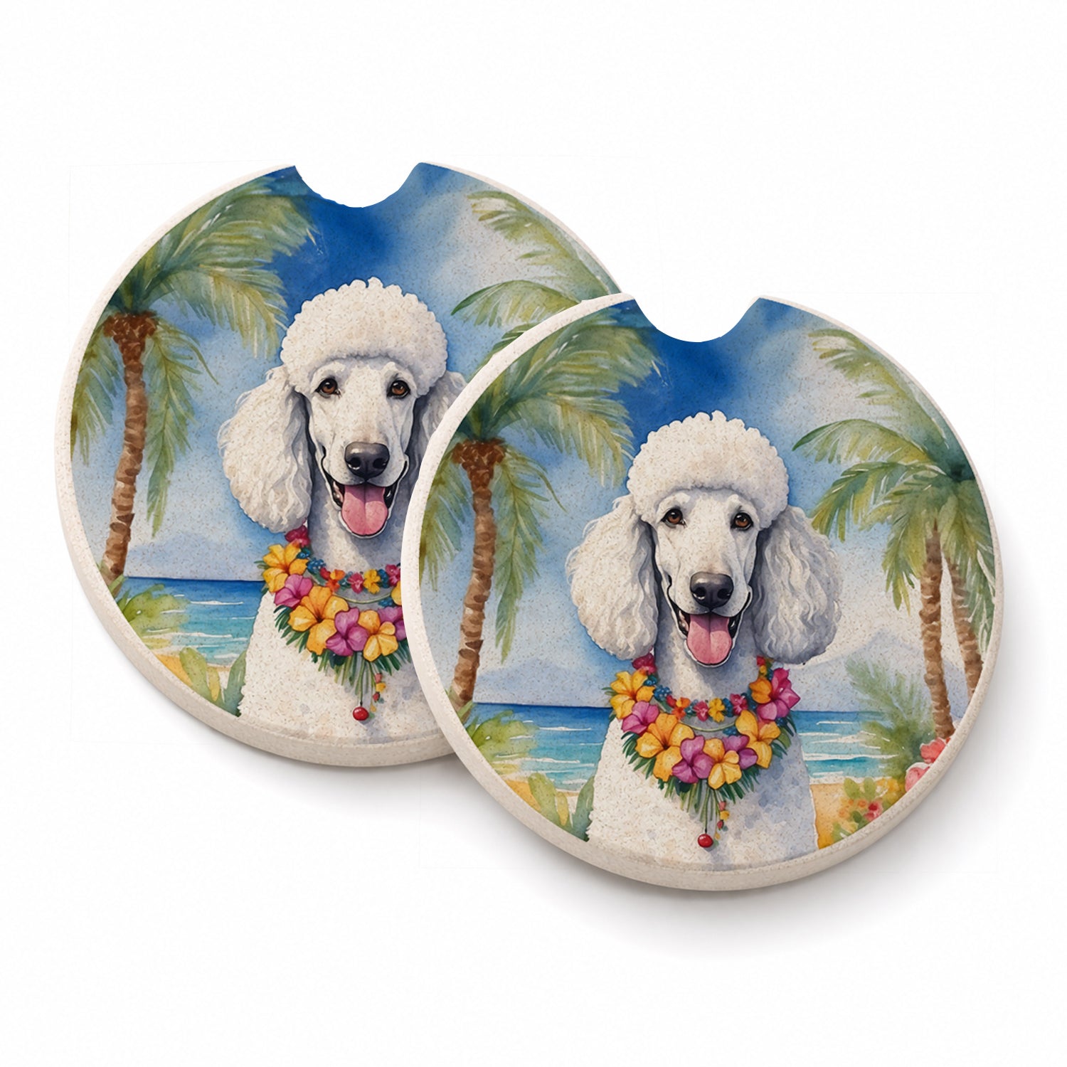 White Poodle Luau Set of 2 Cup Holder Car Coasters Absorbent Round Sandstone Coasters Gifts for Men or Women, 2.5, Multicolor