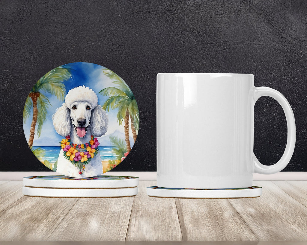 White Poodle Luau Large Sandstone Coasters Pack of 4 Absorbent Round Coasters Decor Gifts for Men or Women, 4 in, Multicolor