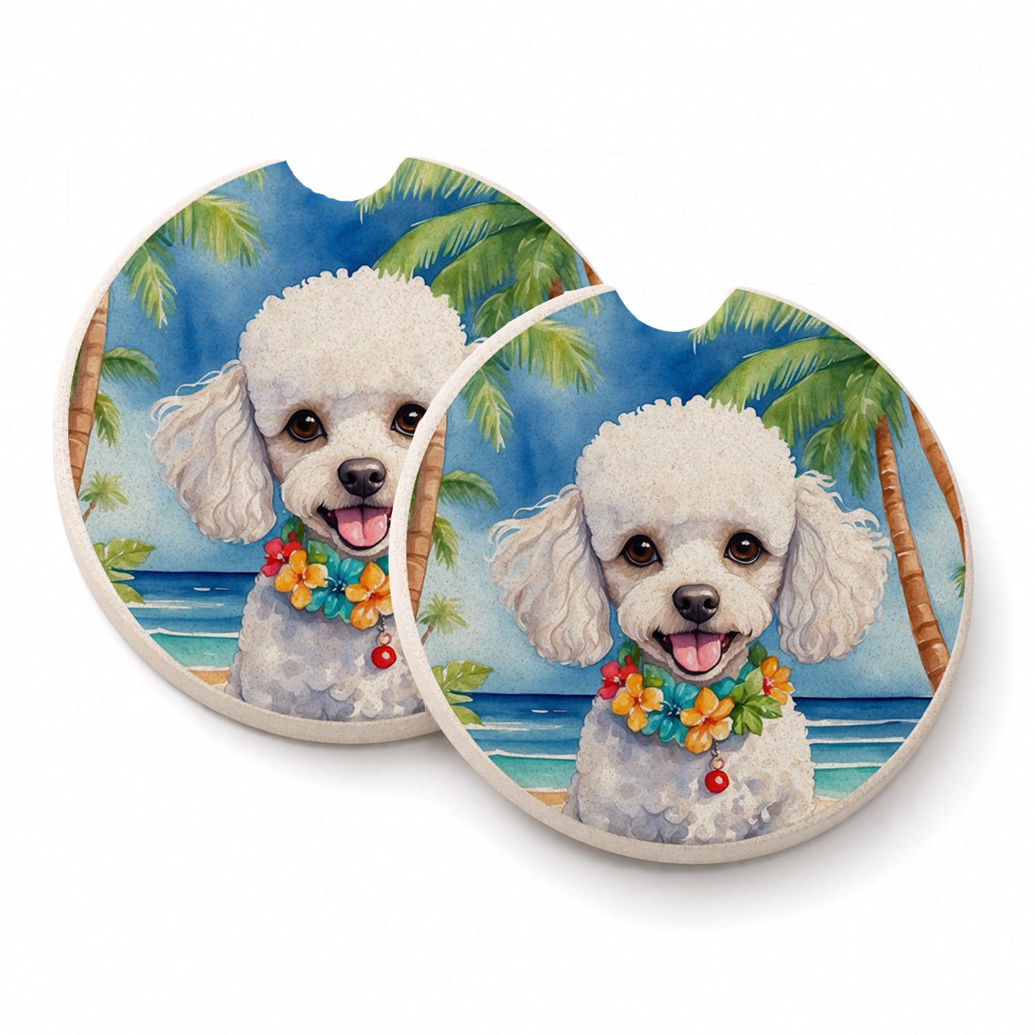 White Poodle Luau Set of 2 Cup Holder Car Coasters Absorbent Round Sandstone Coasters Gifts for Men or Women, 2.5, Multicolor