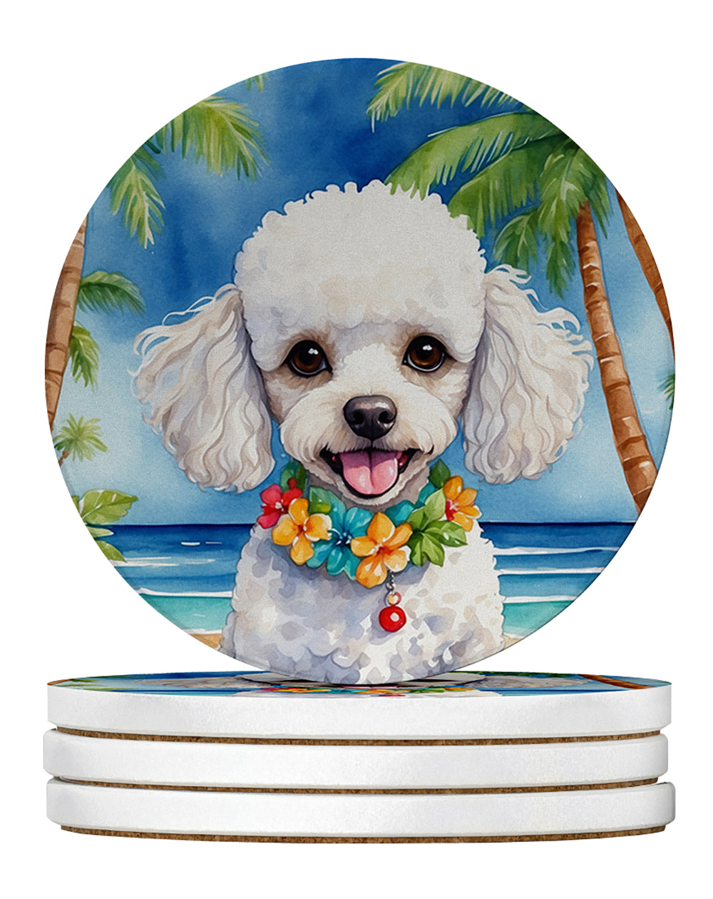 White Poodle Luau Large Sandstone Coasters Pack of 4 Absorbent Round Coasters Decor Gifts for Men or Women, 4 in, Multicolor